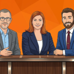 Editorial cartoon illustration of three Veeva regulatory leads seated on a panel