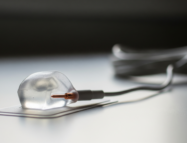 Close-up of a clear contact lens resting on a blister pack with a blurred lens case in the background.