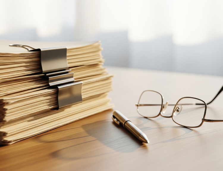 Pile of manila file folders clipped with metal binder clips on a desk, with glasses and a pen nearby