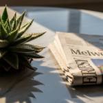 Spiky green succulent sits on a marble table beside a folded newspaper in sunlight.
