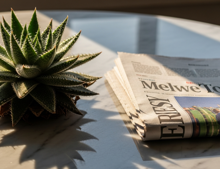 Spiky green succulent sits on a marble table beside a folded newspaper in sunlight.