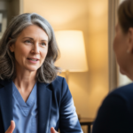 Middle-aged woman in a blue blazer speaks to a colleague in a office setting, seated at a table with photos on a shelf in the background.