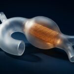 Transparent vascular model with an orange mesh stent graft expanded inside the artery segment.