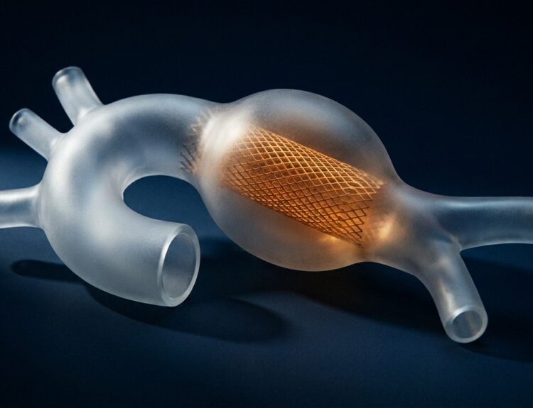 Transparent vascular model with an orange mesh stent graft expanded inside the artery segment.