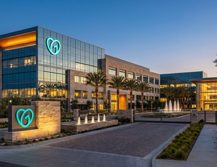 Modern glass office complex with a teal logo, palm trees, and fountain jets at dusk/dawn.