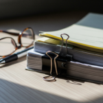 Glasses beside a thick stack of clipped documents on a wooden desk, with sunlight casting shadows.