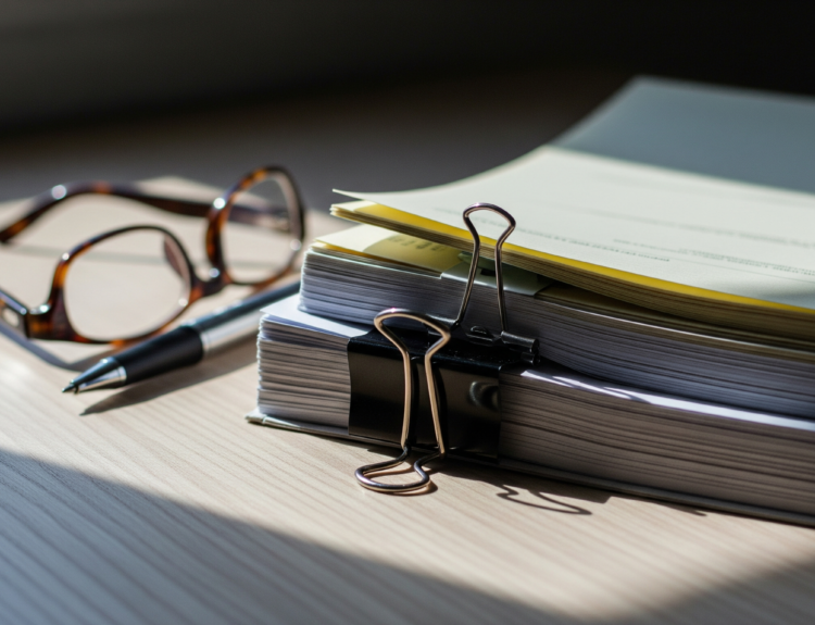 Glasses beside a thick stack of clipped documents on a wooden desk, with sunlight casting shadows.