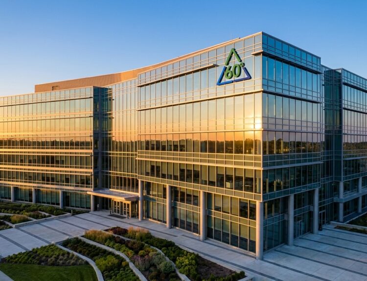 Modern glass-front office building at sunset with landscaped plaza and a triangular logo on the facade