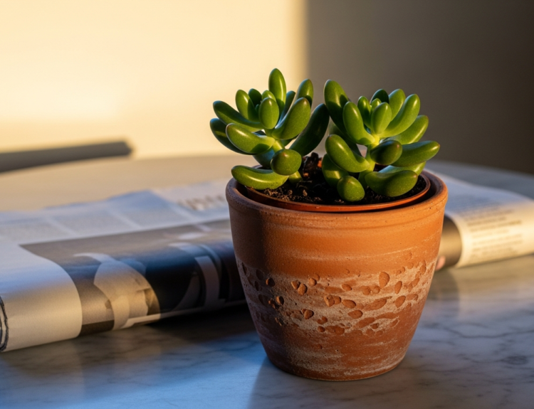 Succulent in a terracotta pot on a marble table, with a rolled newspaper beside it in warm light.