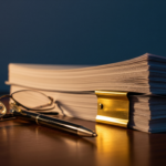 Stack of thick white papers clipped with a gold binder clip, with glasses and a pen on a wooden desk.