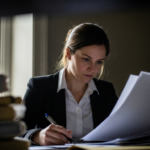 Businesswoman in a blazer reviews documents at a desk by a window, focused and taking notes.