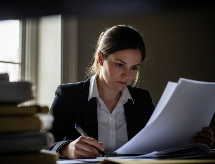 Businesswoman in a blazer reviews documents at a desk by a window, focused and taking notes.