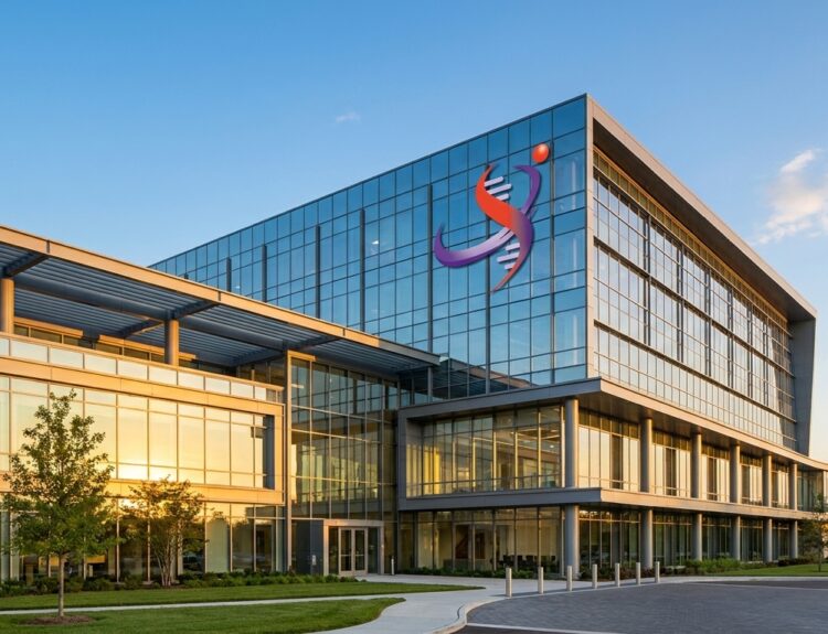Modern glass office building with a colorful company logo on the upper corner, sunset lighting.
