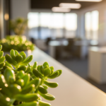 Succulent plants in a row on a white counter in a bright, modern office with sunlight streaming through large windows in the background.