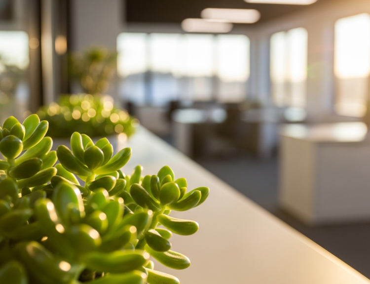 Succulent plants in a row on a white counter in a bright, modern office with sunlight streaming through large windows in the background.