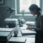 Female clinician at a cluttered desk, writing notes with a stethoscope around her neck and a lamp nearby.Co