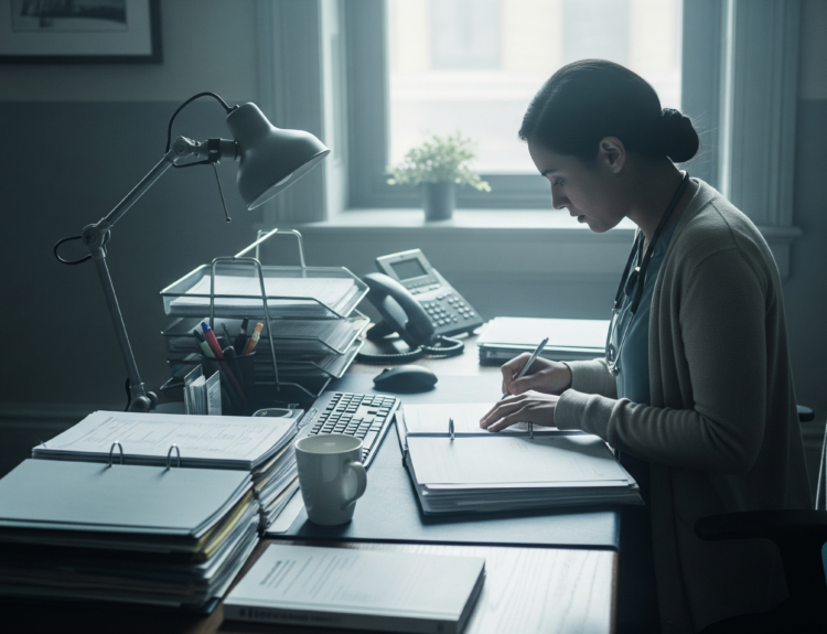 Female clinician at a cluttered desk, writing notes with a stethoscope around her neck and a lamp nearby.Co