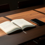 Open notebook with handwritten notes and a silver pen on a sunlit wooden table, with a smartphone nearby.
