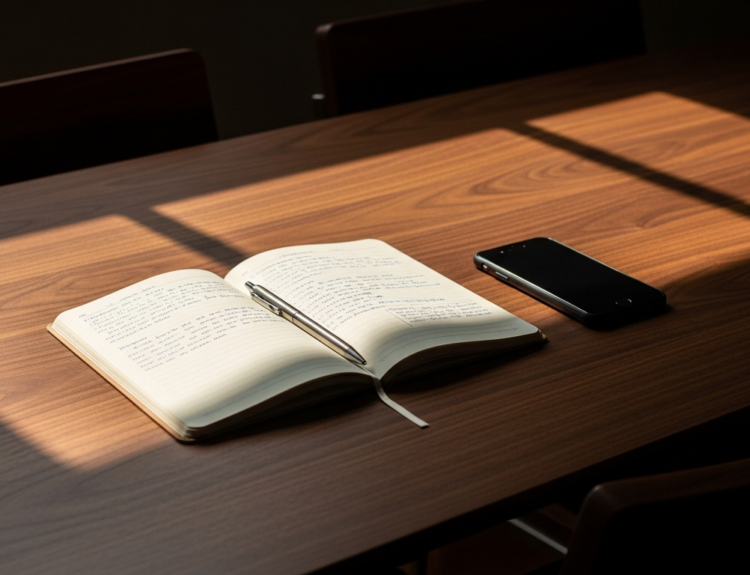 Open notebook with handwritten notes and a silver pen on a sunlit wooden table, with a smartphone nearby.