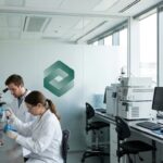 Two scientists in white coats pipette and handle Petri dishes at a lab bench, with analytical equipment nearby and a computer on the right.