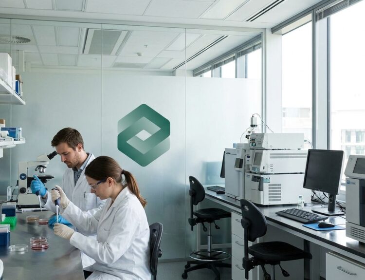 Two scientists in white coats pipette and handle Petri dishes at a lab bench, with analytical equipment nearby and a computer on the right.