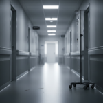 Empty hospital corridor with an IV stand on wheels in the foreground, dimly lit and blue-toned.