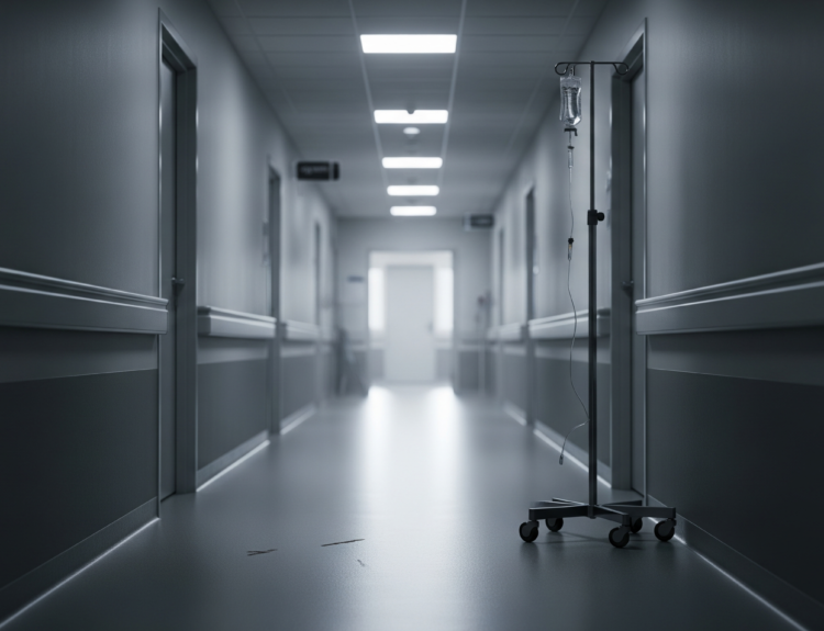 Empty hospital corridor with an IV stand on wheels in the foreground, dimly lit and blue-toned.