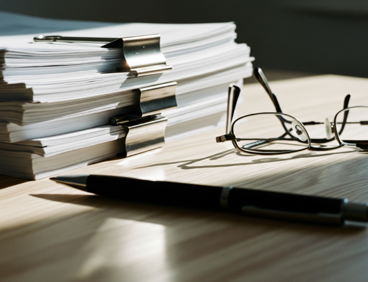 Stack of papers clipped with metal binder clips on a desk, with reading glasses nearby.