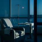 Hospital room with an IV pole beside a padded chair and a small table near large windows, bathed in blue light.