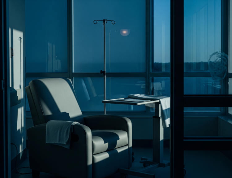 Hospital room with an IV pole beside a padded chair and a small table near large windows, bathed in blue light.