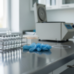 Vial rack with small glass vials on a stainless lab bench; blue gloves lie nearby