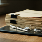 Stack of manila folders with black binder clips on a desk, next to a pen and reading glasses resting on a black notebook/portfolio.