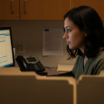 Healthcare professional in scrubs seated at a desk, focusing on a computer monitor with a phone and papers nearby.
