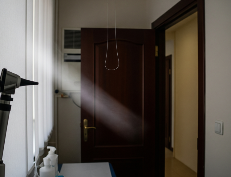 Clinic corridor corner with a looped hanging cord, a medical light on the left, and an open wooden door ahead.