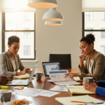 A diverse group of professionals seated around a conference table analyzing graphs and documents on laptops and papers.