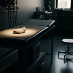 A crumpled brown paper on an empty examination table in a dimmed clinical room, spotlight highlighting it.