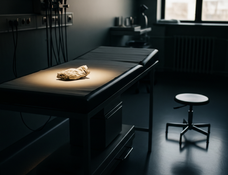 A crumpled brown paper on an empty examination table in a dimmed clinical room, spotlight highlighting it.