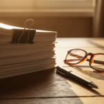 Stack of papers clipped with a binder clip on a desk, with glasses and a pen nearby.
