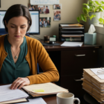 Woman seated at a desk, writing on papers with a pen, surrounded by folders and stacked documents in a busy office.