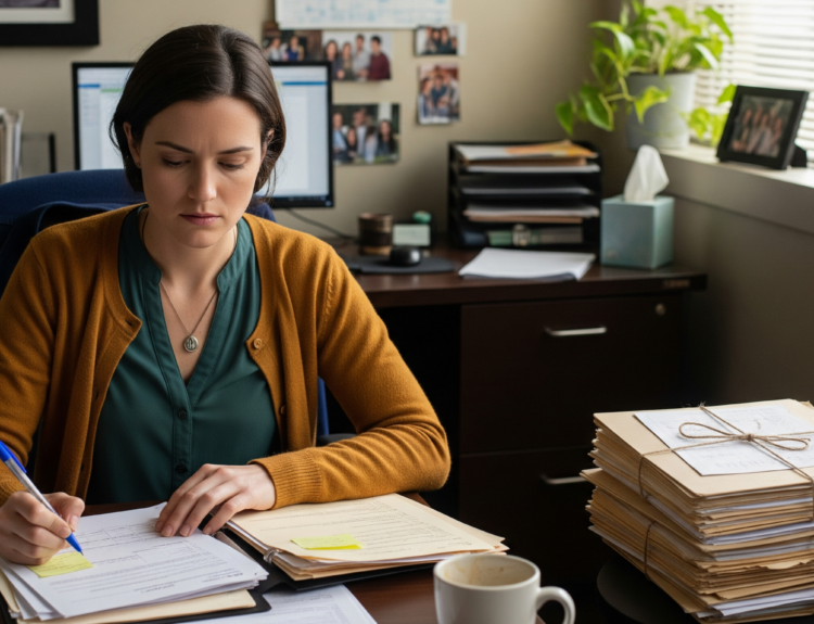 Woman seated at a desk, writing on papers with a pen, surrounded by folders and stacked documents in a busy office.