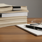 Stack of beige and white file folders held with binder clips on a wooden desk beside a notebook and glasses.