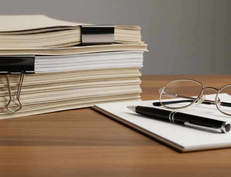 Stack of beige and white file folders held with binder clips on a wooden desk beside a notebook and glasses.