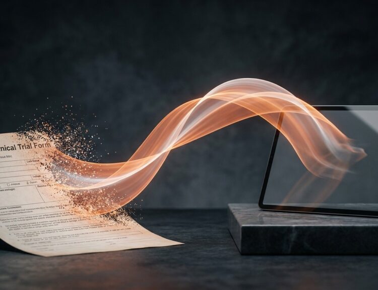 Clinical Trial Form being drawn toward a tablet by a flowing orange light, symbolizing digital trials (informative).