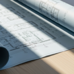 Rolled architectural blueprints spread on a wooden table with shadows crossing the plans.