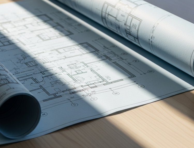 Rolled architectural blueprints spread on a wooden table with shadows crossing the plans.