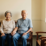 Elderly couple sitting side by side on wooden benches in a bright waiting room, holding hands.
