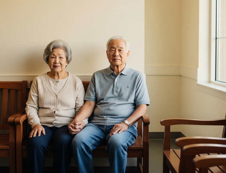 Elderly couple sitting side by side on wooden benches in a bright waiting room, holding hands.