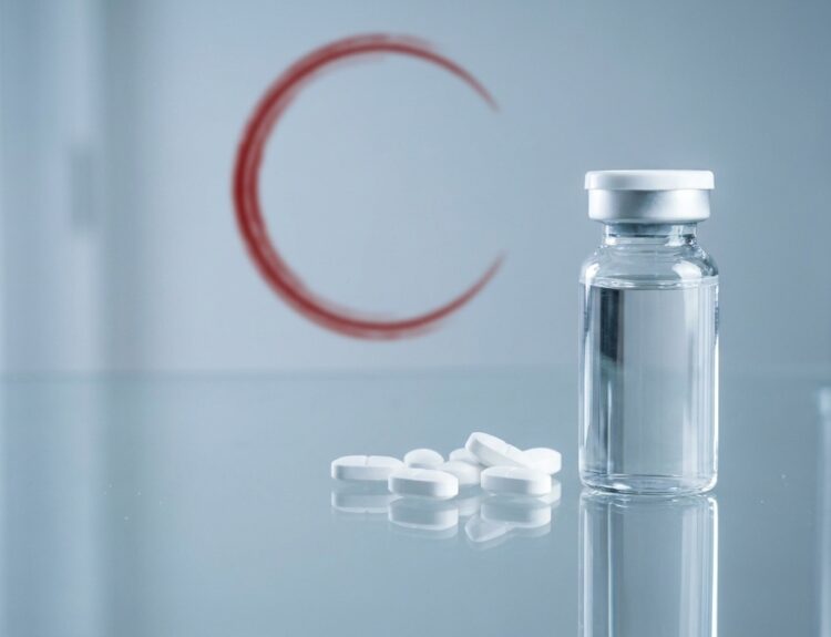 Vial of medicine with a white cap next to scattered white tablets on a reflective glass surface.