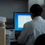 Back view of a person in a white lab coat working at a desk with papers and a computer.