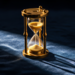 Golden hourglass on a dark blue, sparkly fabric with dramatic lighting highlighting the sand within the glass, symbolizing time passing.